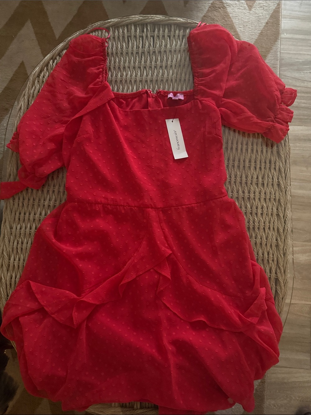 Francesca's Collections Red Swiss Dot Puff-Sleeve Dress
